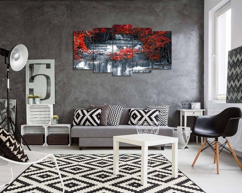 Visual Art Decor 5 Pieces Large Black and Red Canvas Wall Art Waterfall Nature Landscape Picture Print, Living Room Office Decoration Framed Ready to Hang - Image 4